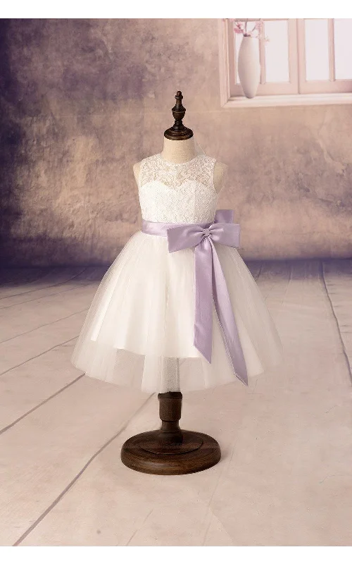 summer dressSleeveless A-line Tulle Flower Girl Dress With Lace Top and Satin Sash-ET_401627