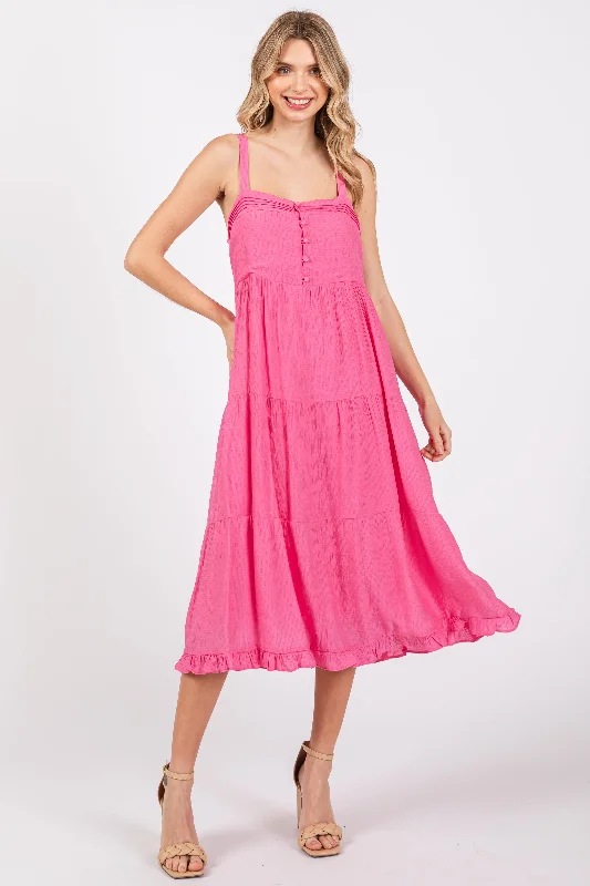 Lowest Price cocktail dressFuchsia Sleeveless Button Tiered Midi Dress