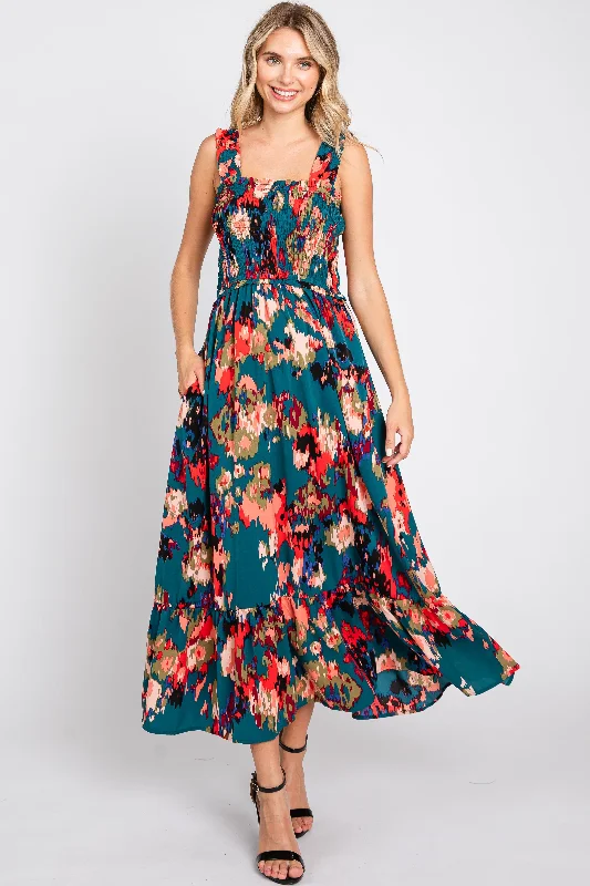 Price Reduction floral wrap dressForest Green Printed Smocked Midi Dress
