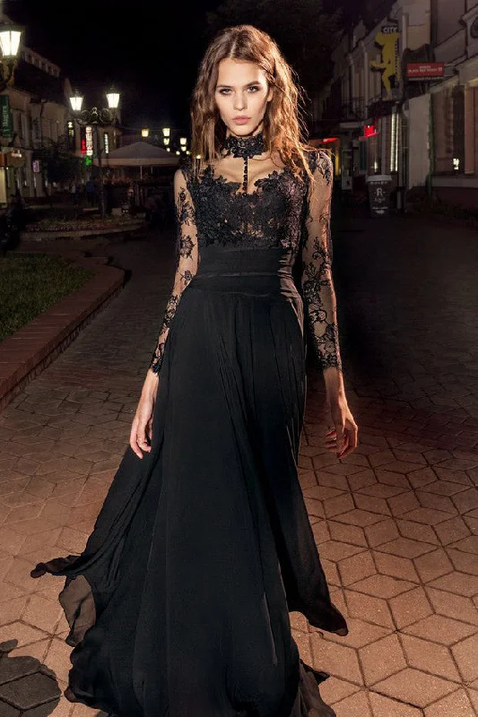 playful dressA-Line High Neck Long Sleeve Lace Chiffon Illusion Dress With Appliques Evening Gown-MK_333455