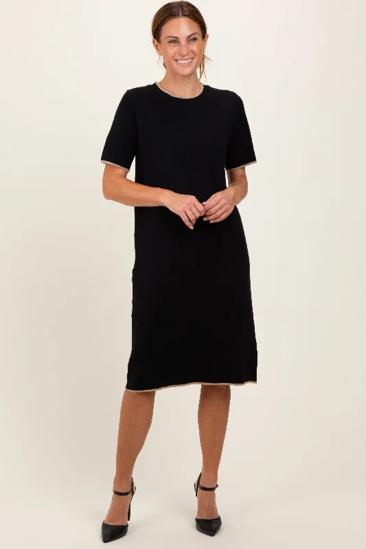 Stock Clearance satin midi dressBlack Knit Short Sleeve Contrast Trim Dress