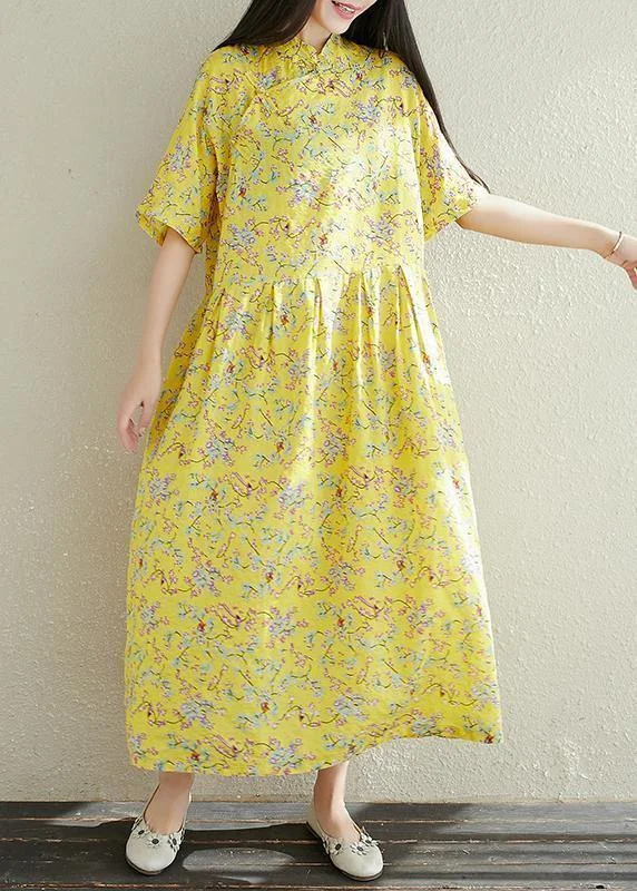 Crazy Savings flowy maxi dressWomen yellow prints cotton clothes For Women stand collar A Line summer Dresses
