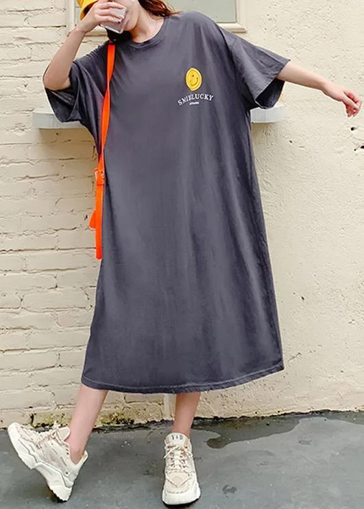 Deep Discounts casual knit dressWomen dark gray Cartoon print clothes o neck Plus Size summer Dress