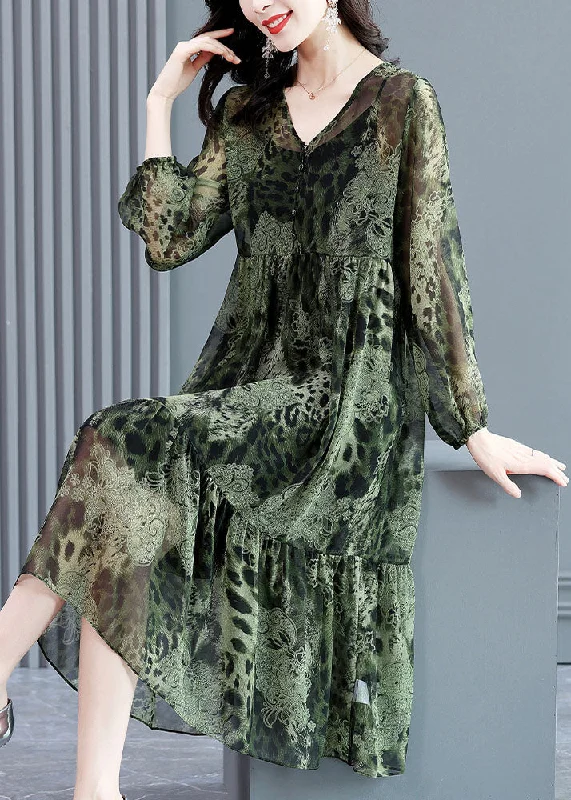 Amazing Deals summer dressHandmade Green V Neck Patchwork Wrinkled Leopard Chiffon Long Dresses Long Sleeve