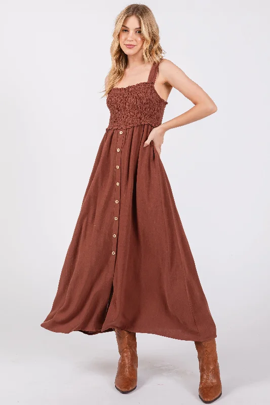 Markdowns elegant shift dressBrown Button Down Smocked Dress