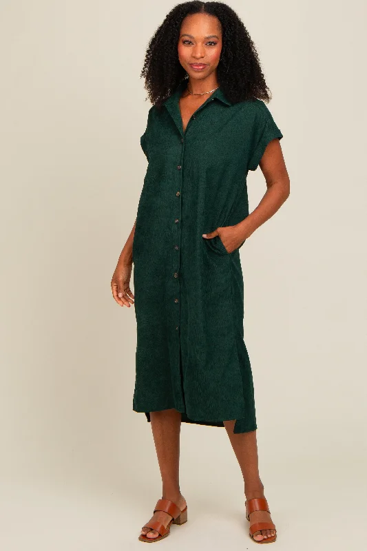 Price Drop A-line dressForest Green Corduroy Button Down Midi Dress