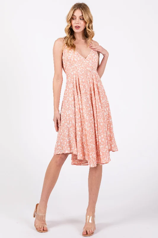 Super Bargain vintage dressPeach Floral Sleeveless V-Neck Dress