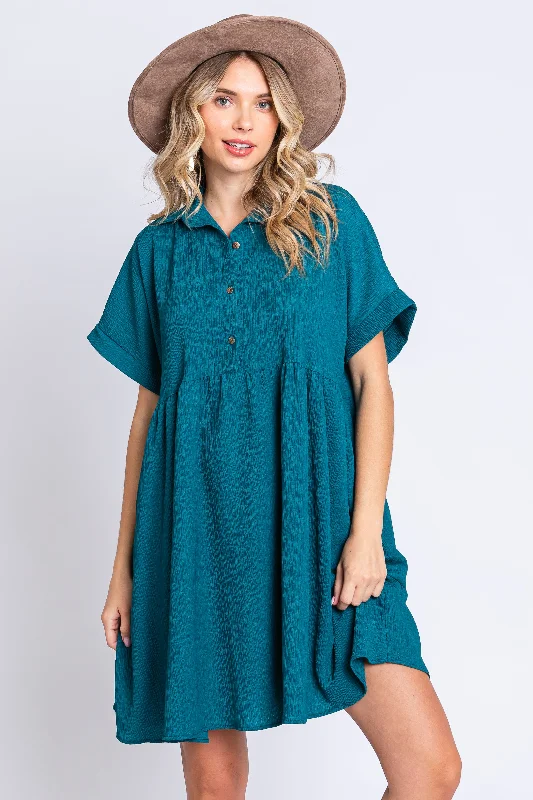 Referral Discount winter dressTeal Collared Button Front Short Sleeve Dress