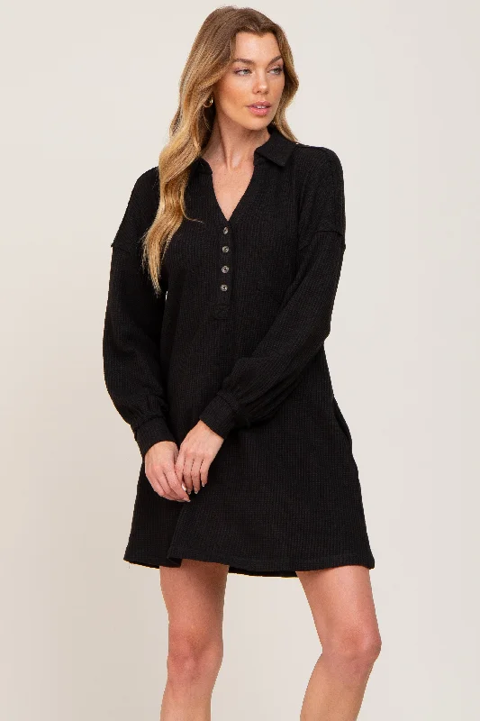 Act Fast comfy dressBlack Waffle Knit Collared Long Sleeve Dress