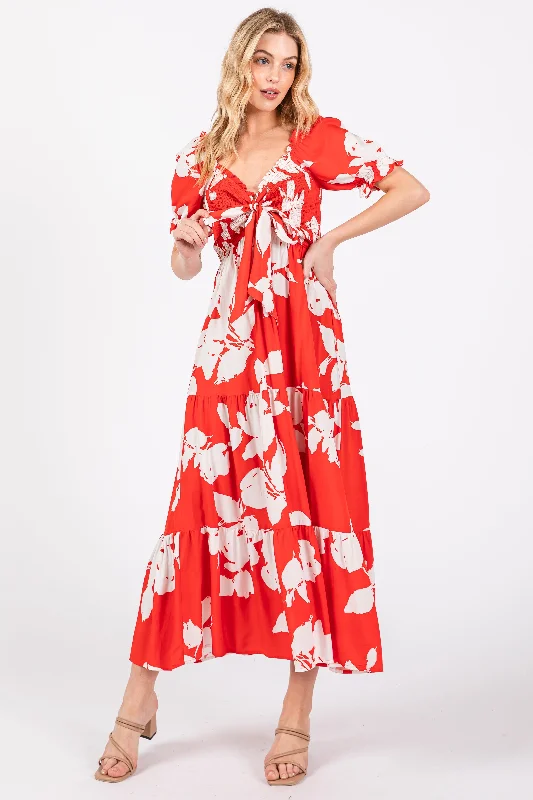 Take Advantage trendy mini dressRed Floral Smocked Knotted Top Maxi Dress