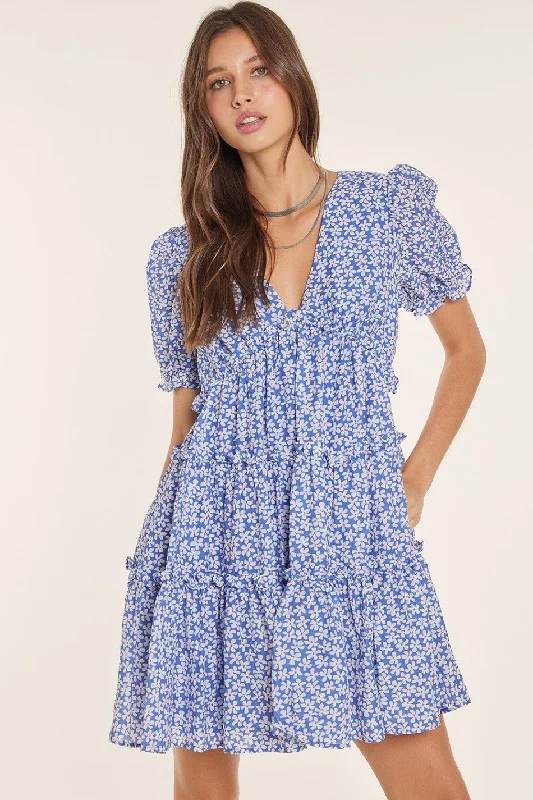 YEAR-End Clearance flowy evening dressBlue Floral Puff Sleeve Babydoll Mini Dress