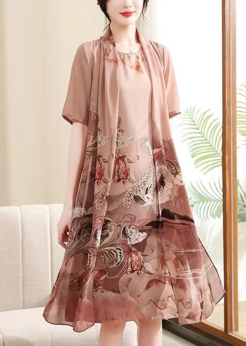 flowy dressPink Side Open Print Chiffon Dress O-Neck Short Sleeve