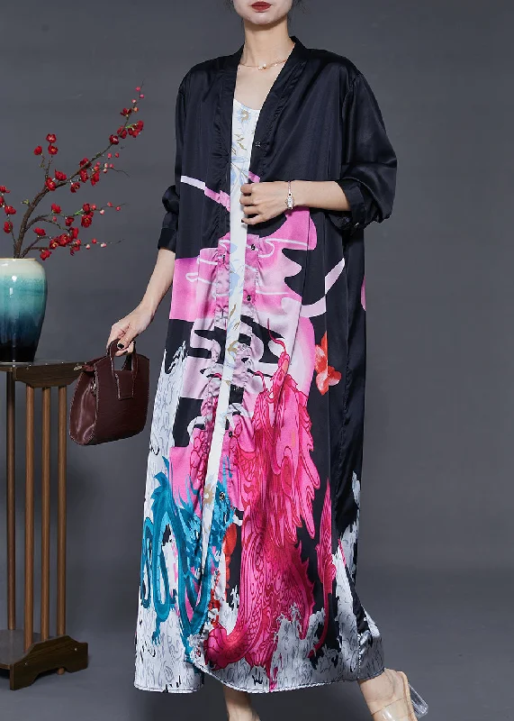 flowy evening dressFrench Black Oversized Print Silk Vacation Dresses Summer