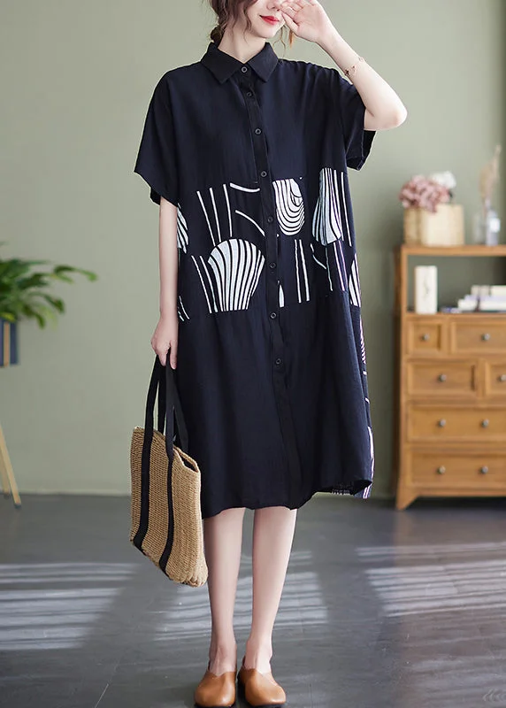 Savings Event stylish party dressBlack Print Patchwork Loose Shirt Dresses Short Sleeve