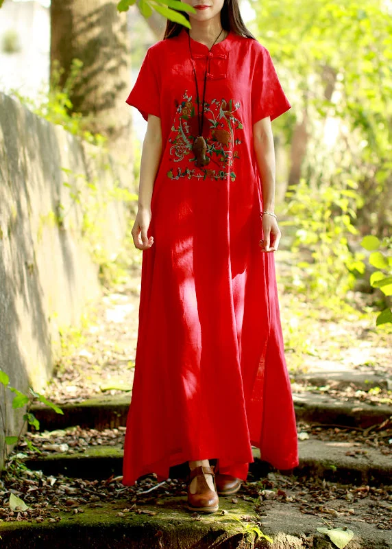 Special Savings office dressWomen Red Mandarin Collar side open Embroideried Long Dress Short Sleeve Special Savings office dressWomen Red Mandarin Collar side open Embroideried Long Dress Short Sleeve