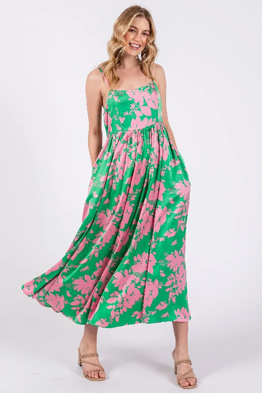 Price Slash trendy dressPink Leaf Print Satin Square Neck Midi Dress