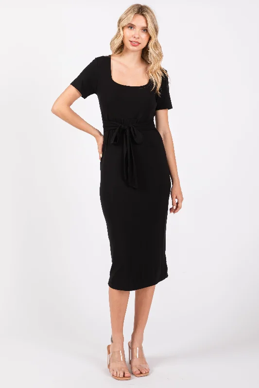 Price Buster comfy maxi dressBlack Square Neck Belted Midi Dress