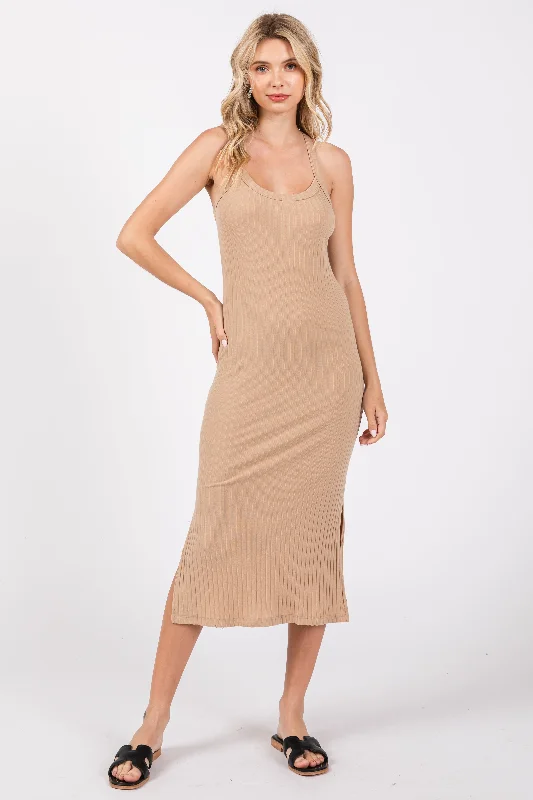 Bargain Blast lace-up dressBeige Ribbed Racerback Midi Dress