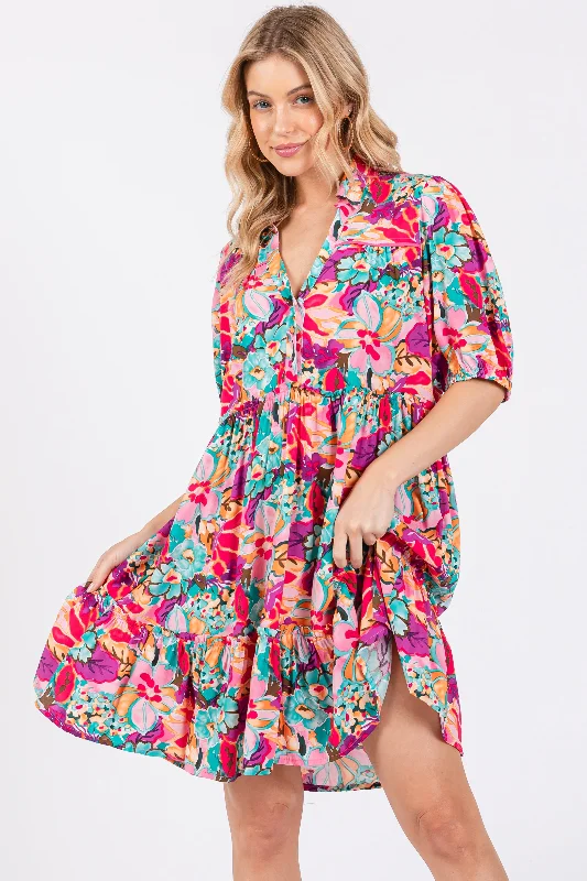 Value Deals modern dressPink Floral Button Short Sleeve Dress