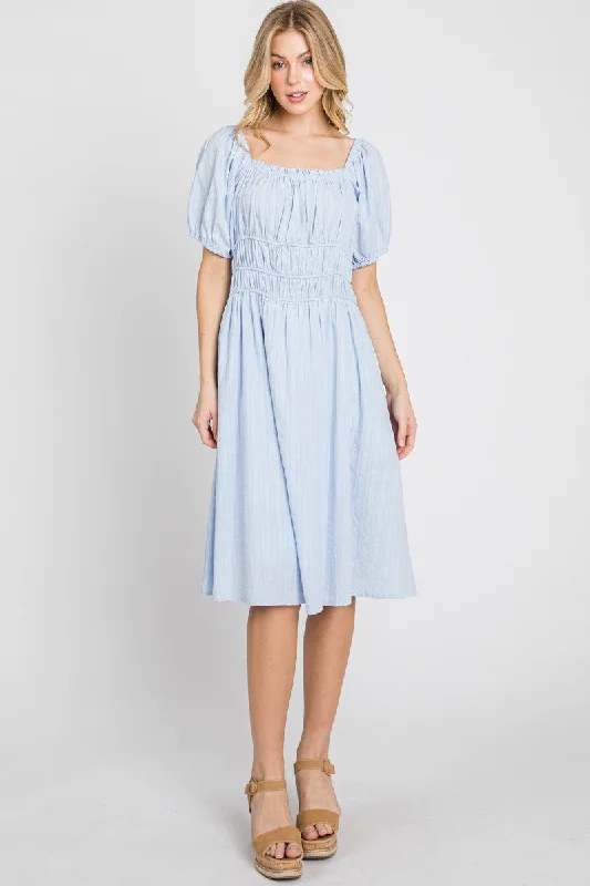 Low Prices sleeveless dressBlue Solid Textured Dress W/ Elastic Details