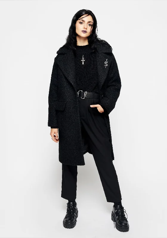 fashionable quilted coatGorgon Bouclé Oversized Coat with Snake Brooch - Black