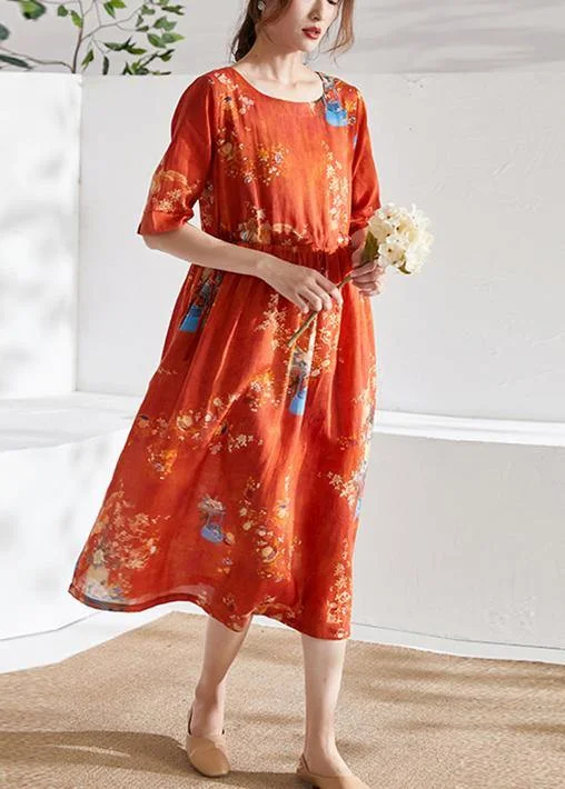 Exclusive Preview ashionable dressStyle Orange Print O-Neck tie Waist Summer Ramie Party Dress Half Sleeve