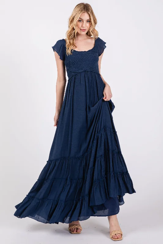 Don’t Miss Out high-waisted dressNavy Smocked Crossover Off Shoulder Maxi Dress