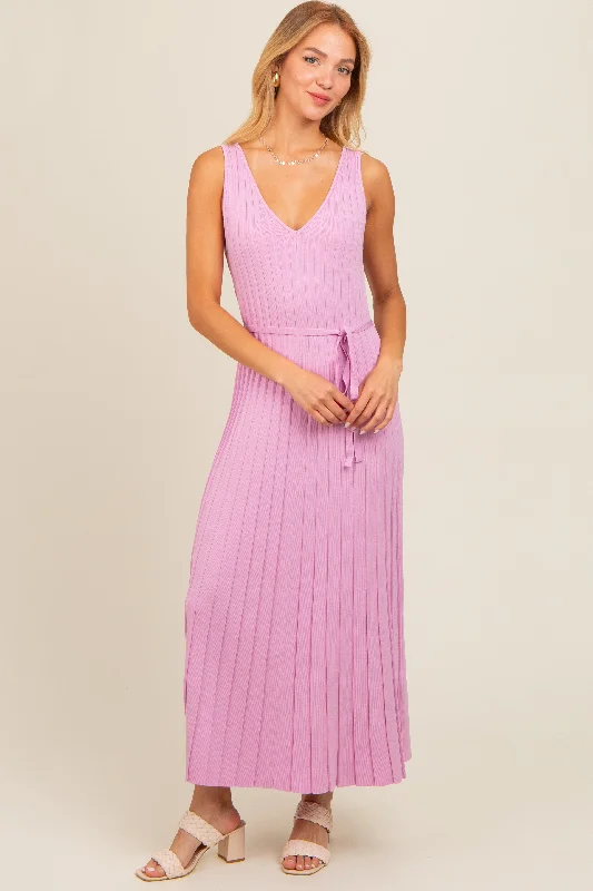 Final Clearance summer floral dressPink Pleated V-Neck Waist Tie Sweater Maxi Dress