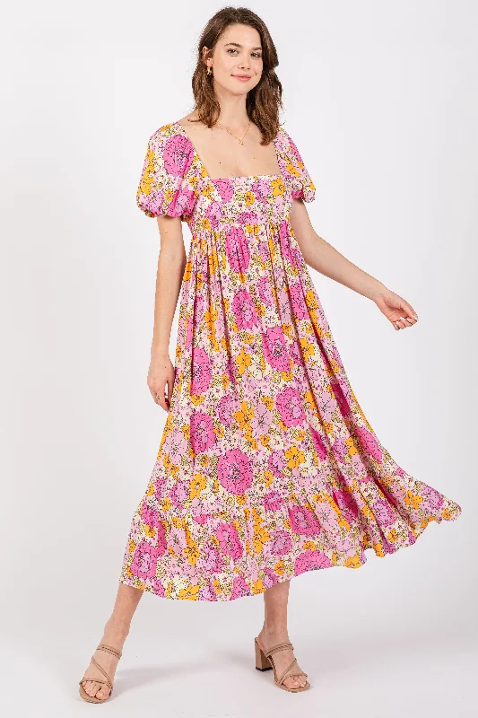 Massive Deals luxury dressPink Multi Floral Midi Baby Doll Dress