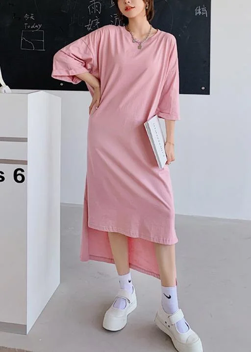 Deal Zone A-line dressWomen pink dress o neck low high design Dresses summer Dress