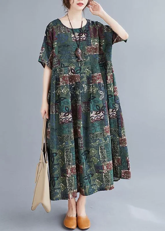 Special Buy casual dressWomen o neck Cinched clothes Catwalk green Plant printing Dress