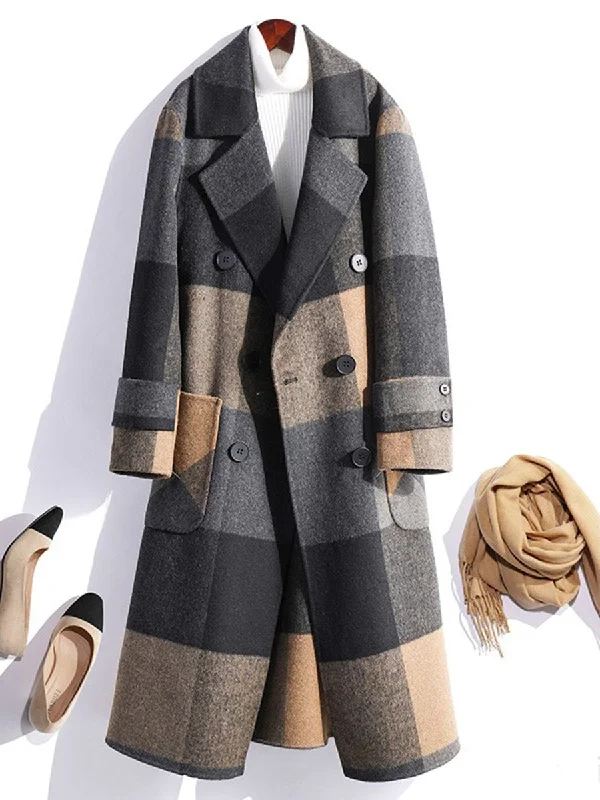 Final Clearance trendy puffer coatLong Woolen Plaid Warm Coat