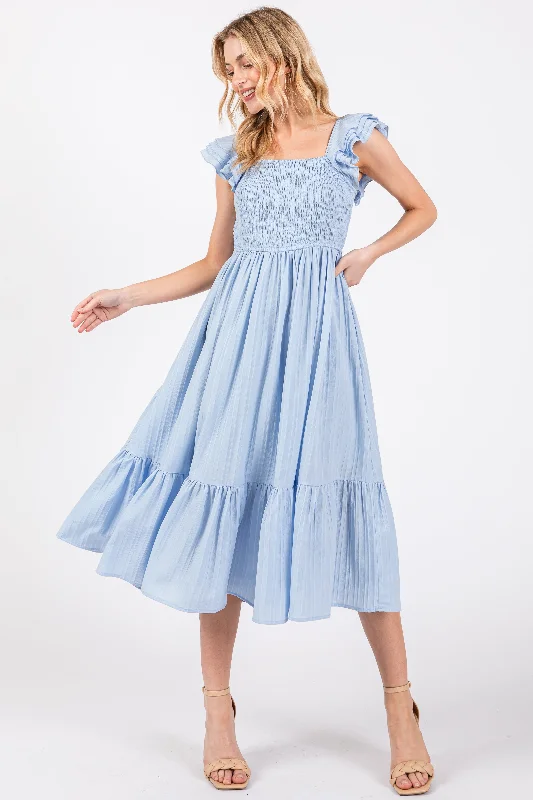 Season Finale Sale chic dressLight Blue Striped Flutter Sleeve Midi Dress