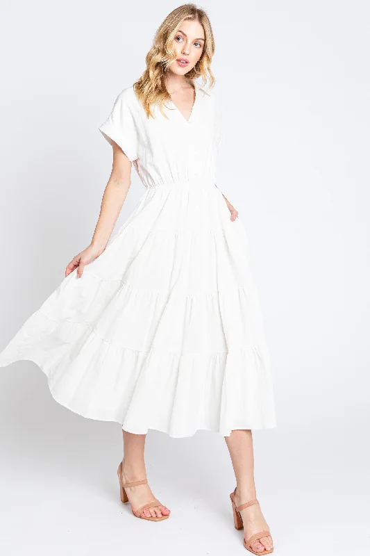 Discount Mania playful dressOff White Collar V Neck Cuffed Sleeve Tiered Midi Dress