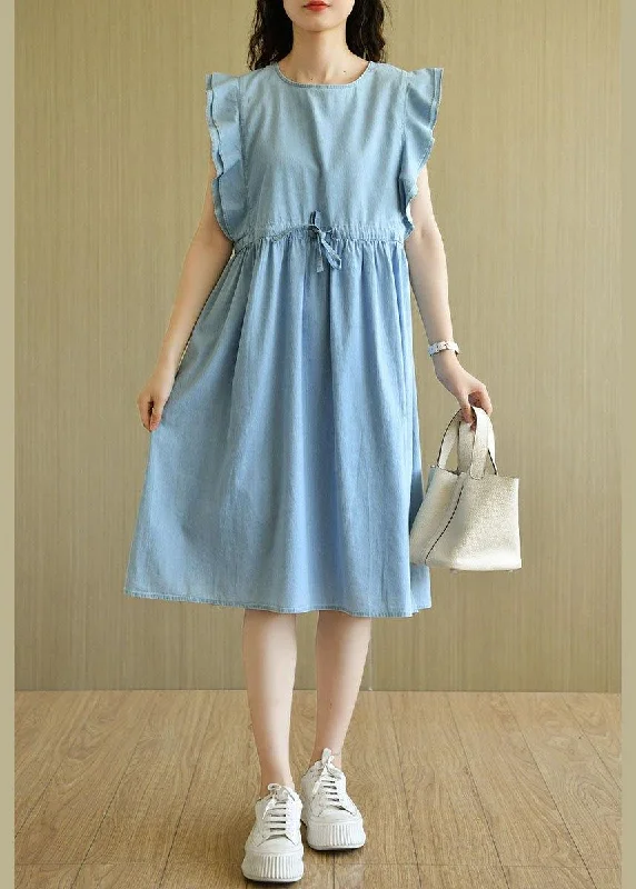 TIME-Limited Offer casual shift dressDenim Light Blue O-Necktie Waist Summer Cotton Dresses Sleeveless