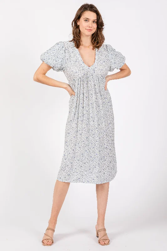 Lowest Prices summer floral dressLight Blue Floral Puff Sleeve Midi Dress
