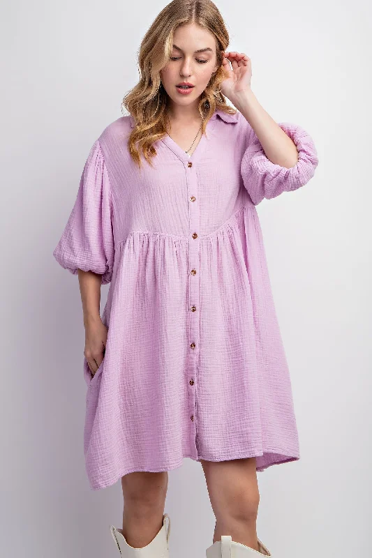 Closeout statement dressLavender Button Down Bubble Sleeve Collared Dress