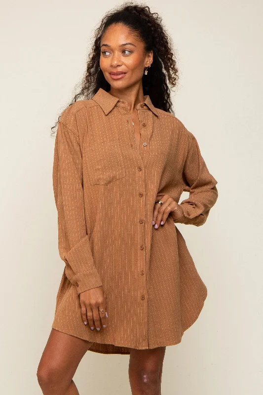 Daily Specials office dressCamel Pinstriped Button-Down Linen Dress