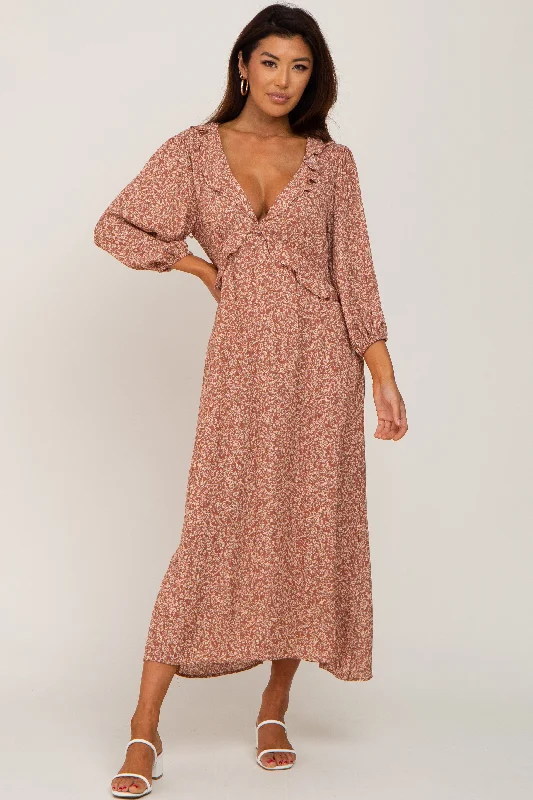 Price Reduction party-ready dressRust Floral Ruffle V-Neck Midi Dress
