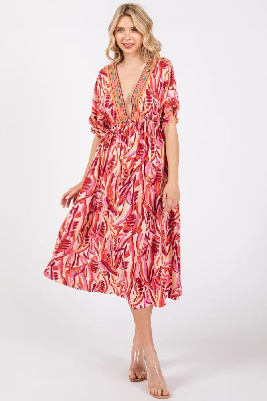 Flash Sale chic slip dressOrange Embroidered V-Neck Short Pom Sleeve Midi Dress