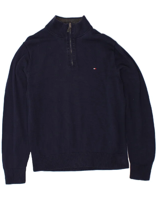 Special Price TOMMY HILFIGER Mens Zip Neck Sweatshirt Jumper Medium Navy Blue Cotton