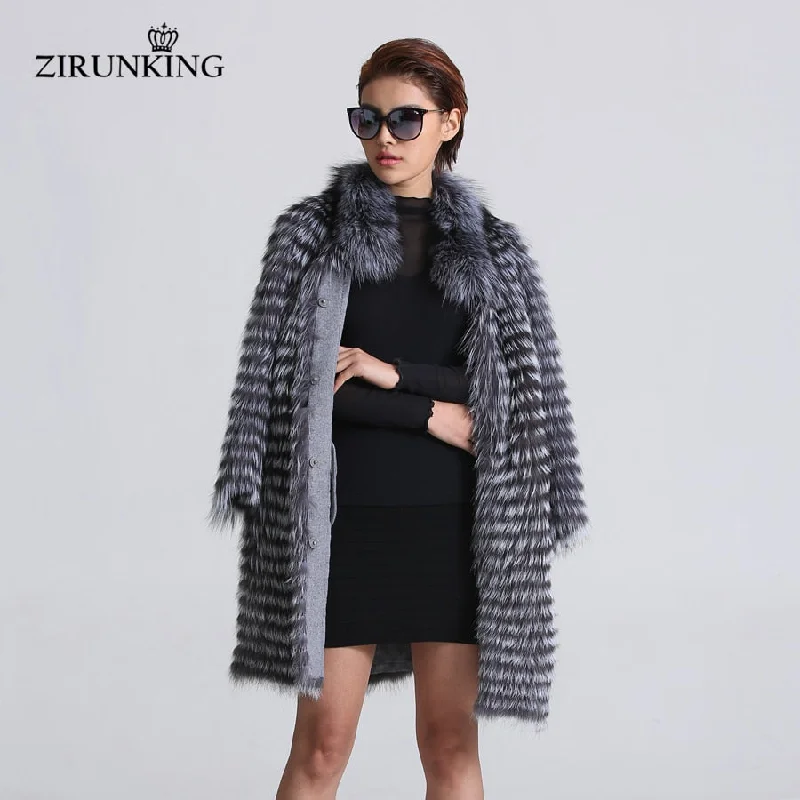 classic jacketZIRUNKING Women Real Silver Fox Fur Coats Fashion Fur Jacket Striped Style Overcoat Women Fox Fur Outerwear Clothes ZCW-02YL