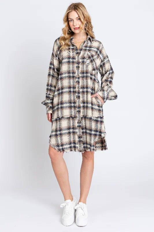 Daily Specials minimalistic dressTaupe Plaid Button Down Raw Hem Dress