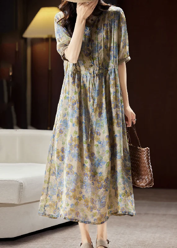 vintage-inspired dressUnique Blue Stand Collar Print Button Linen Maxi Dresses Summer