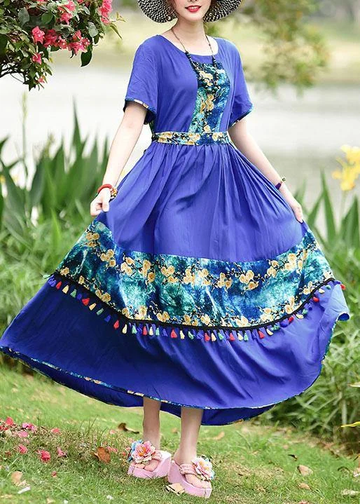 Bonus Savings high-waisted dressWomen o neck tassel cotton Long Shirts design blue print cotton robes Dresses summer