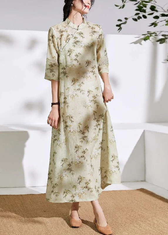 Take Advantage bodycon dressWomen stand collar half sleeve linen dress Fabrics light yellow print Dress