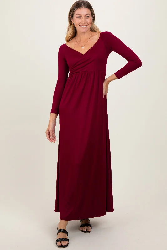 Online Exclusive casual dressBurgundy Wrap Front Empire Waist Maxi Dress