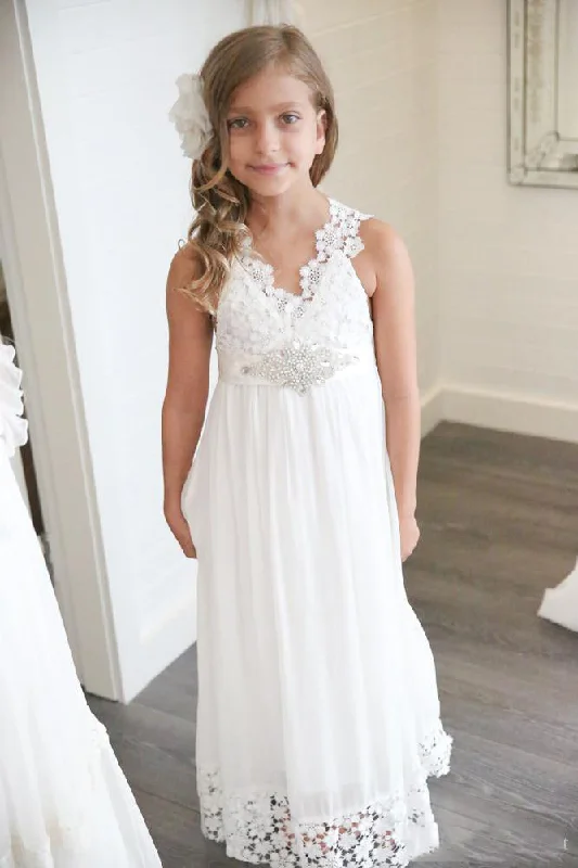 trendy dressFloor-Length V-Neck Boho Ethereal Sleeveless Empire Petite Dress For Flower Girl - 402464