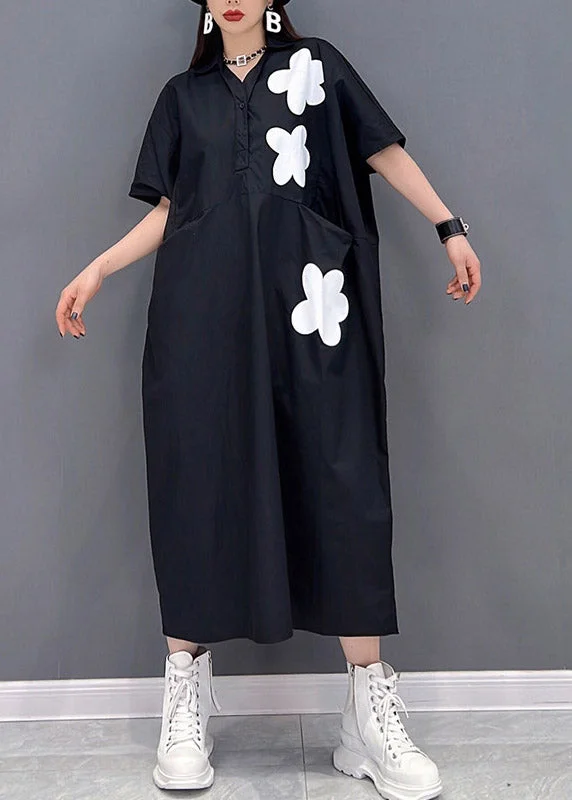 Value Deals t-shirt dressBlack Floral Patchwork Pockets Button Dress Short Sleeve