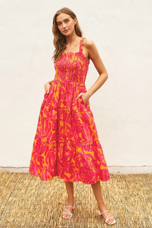 Weekend Deal oversized dressCoral Tropical Smocked Ruffle Tiered Midi Dress